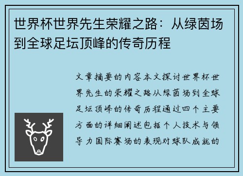 世界杯世界先生荣耀之路：从绿茵场到全球足坛顶峰的传奇历程