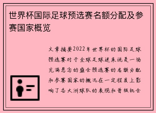 世界杯国际足球预选赛名额分配及参赛国家概览