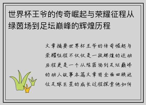 世界杯王爷的传奇崛起与荣耀征程从绿茵场到足坛巅峰的辉煌历程